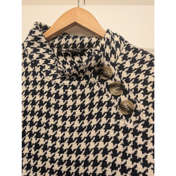 Zara Mock Neck Houndstooth Fringe Hem Pullover Sweater‎ Size Small Cream Navy - Picture 4 of 5